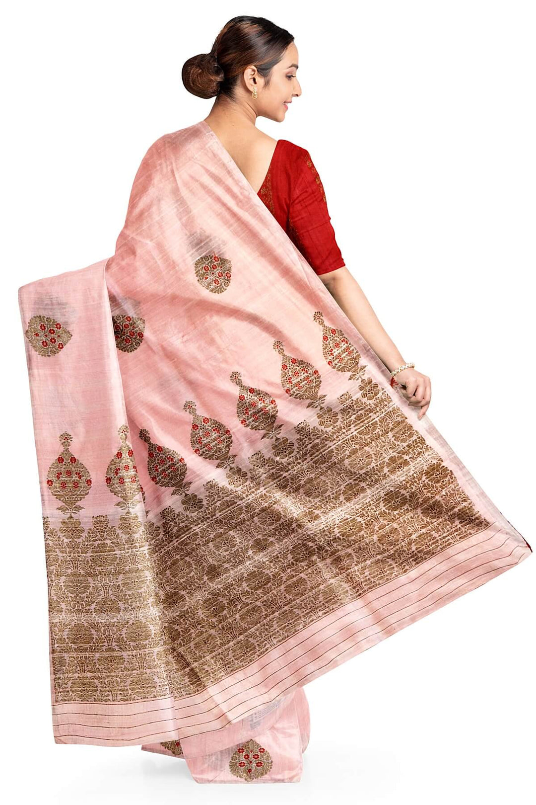 Handloom Katan pure silk saree in baby pink in dupioni finish with meena work .