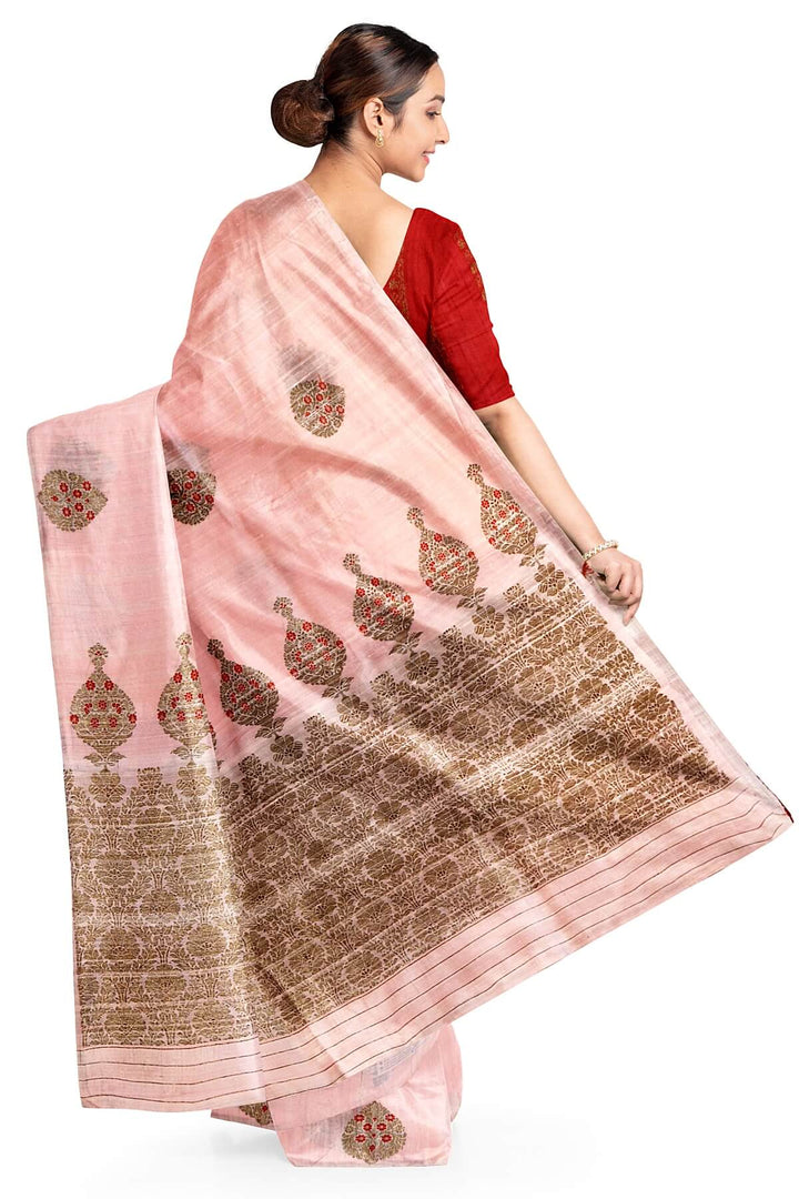 Handloom Katan pure silk saree in baby pink in dupioni finish with meena work .