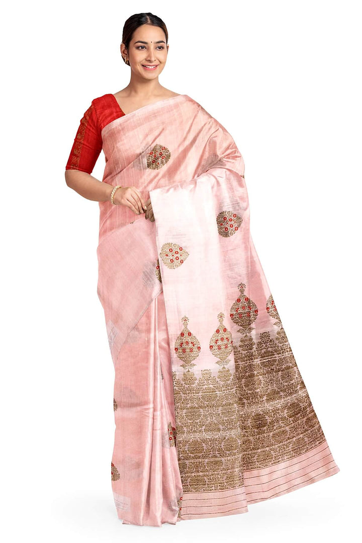 Handloom Katan pure silk saree in baby pink in dupioni finish with meena work .