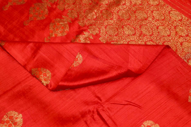 Handloom Katan pure silk saree in red in dupioni finish with meena work .