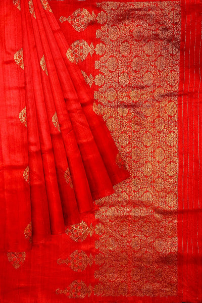 Handloom Katan pure silk saree in red in dupioni finish with meena work .