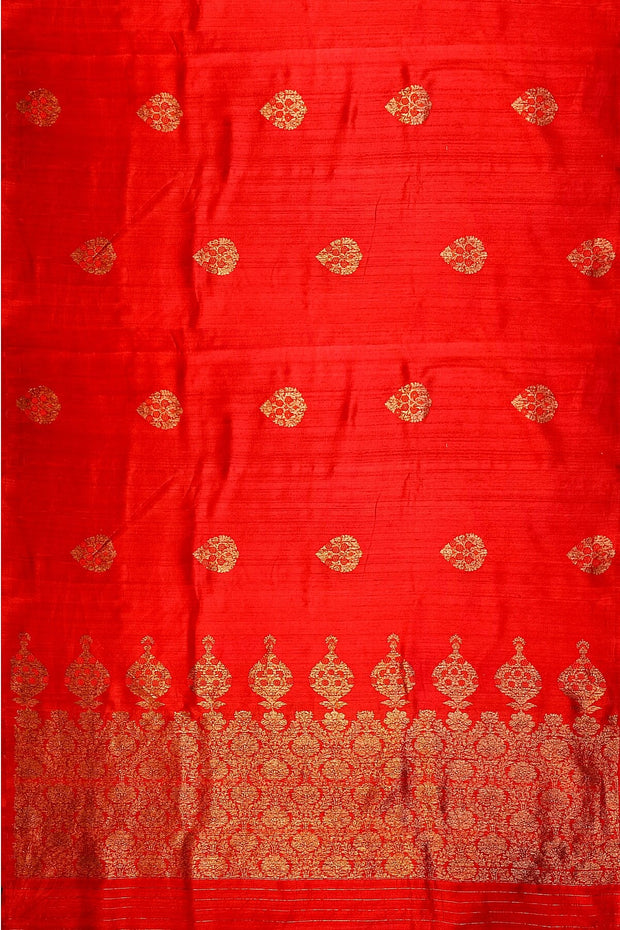 Handloom Katan pure silk saree in red in dupioni finish with meena work .