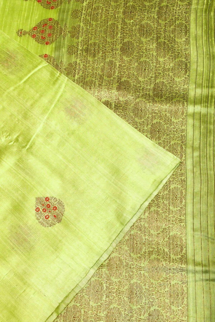 Handloom Katan pure silk saree in radium green  in dupioni finish with meena work .