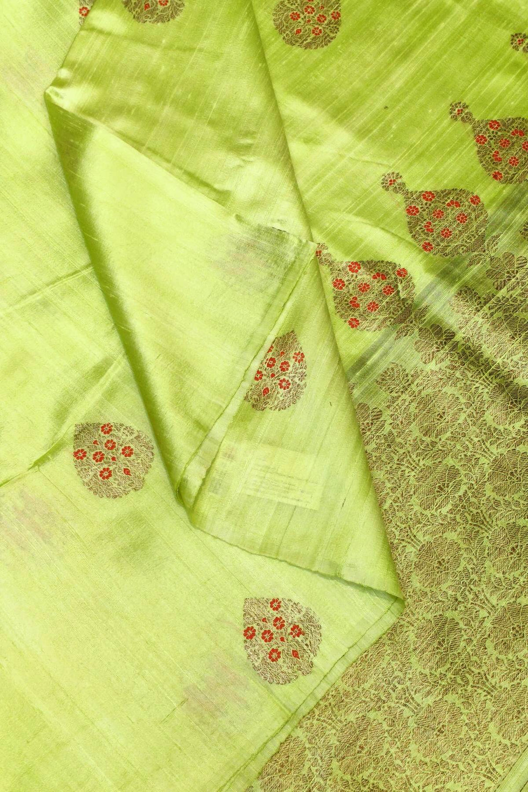 Handloom Katan pure silk saree in radium green  in dupioni finish with meena work .