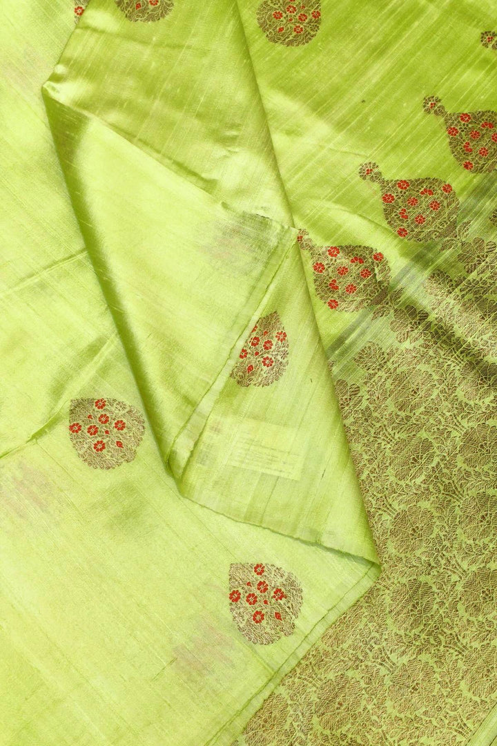 Handloom Katan pure silk saree in radium green  in dupioni finish with meena work .