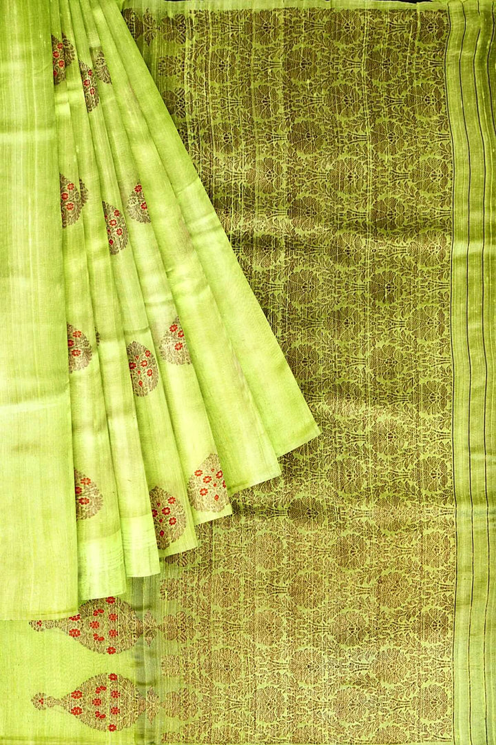 Handloom Katan pure silk saree in radium green  in dupioni finish with meena work .