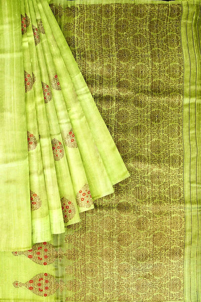 Handloom Katan pure silk saree in radium green  in dupioni finish with meena work .
