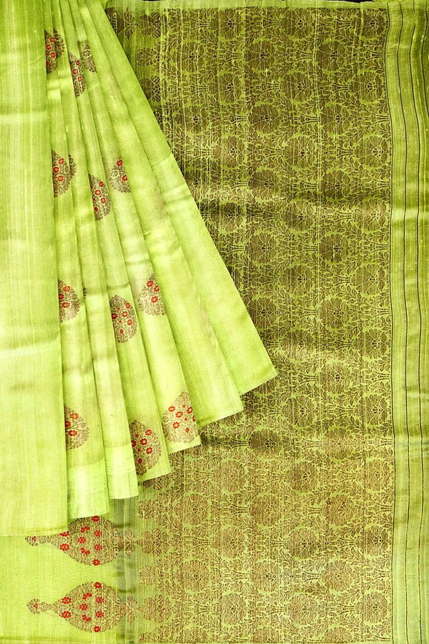 Handloom Katan pure silk saree in radium green  in dupioni finish with meena work .