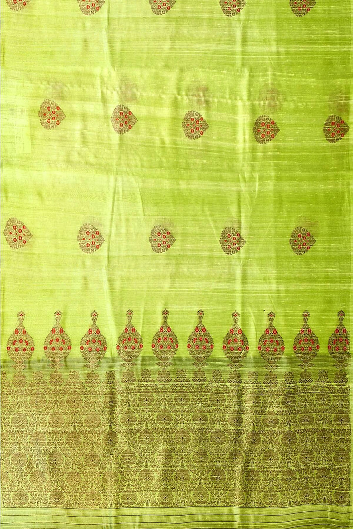 Handloom Katan pure silk saree in radium green  in dupioni finish with meena work .
