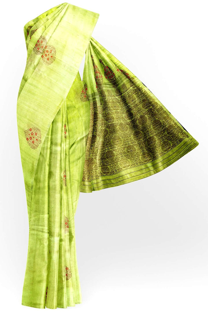Handloom Katan pure silk saree in radium green  in dupioni finish with meena work .