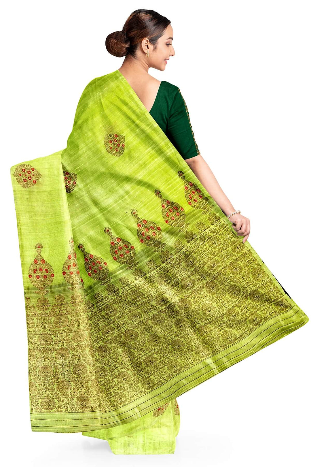 Handloom Katan pure silk saree in radium green  in dupioni finish with meena work .