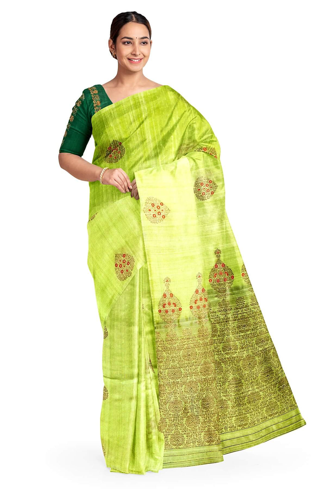 Handloom Katan pure silk saree in radium green  in dupioni finish with meena work .