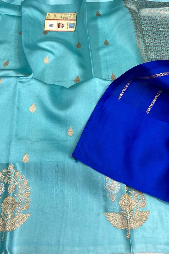 Banarasi  katan pure silk saree in pool blue with small motifs
