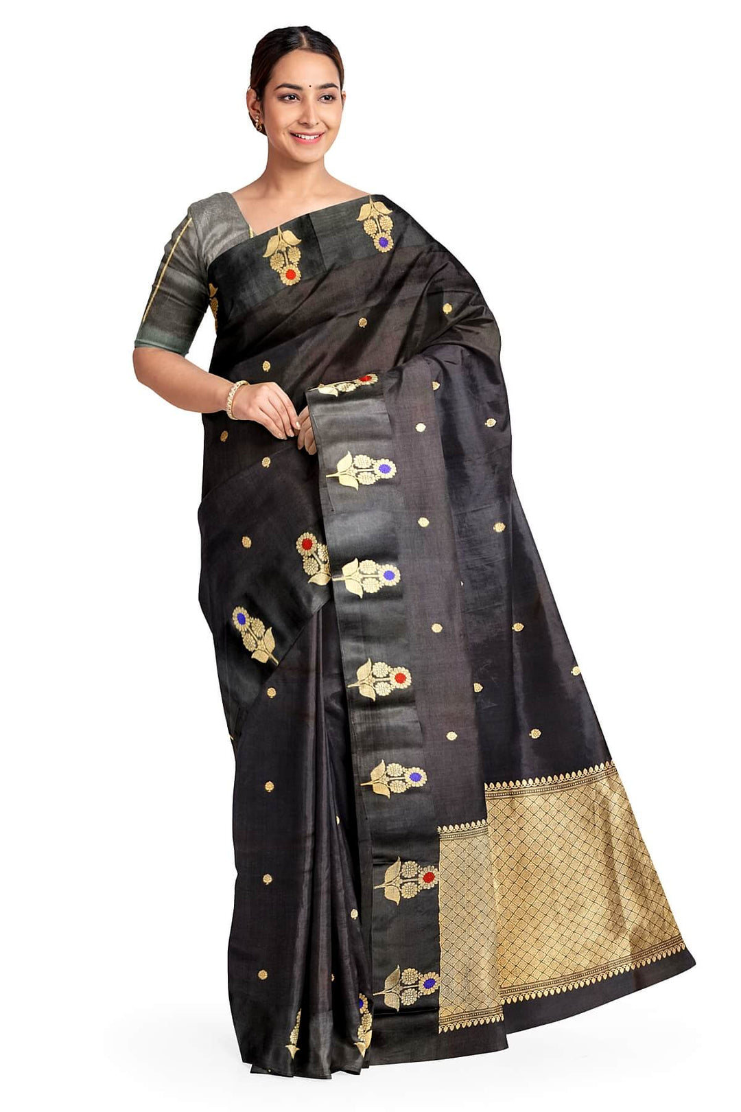 Banarasi  katan pure silk saree in black with small motifs