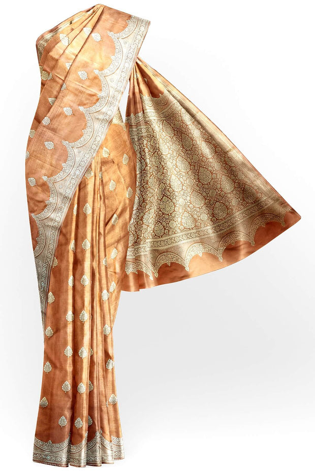Banarasi mashru silk saree in  peach  with floral motifs