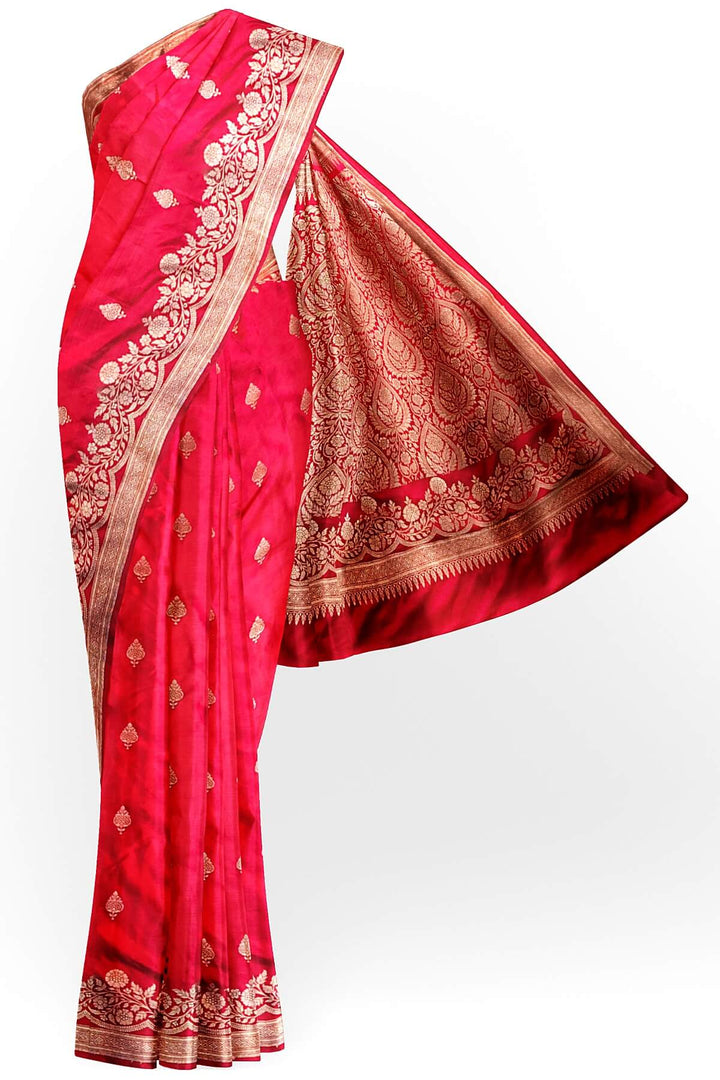Banarasi mashru silk saree in  red  with floral motifs