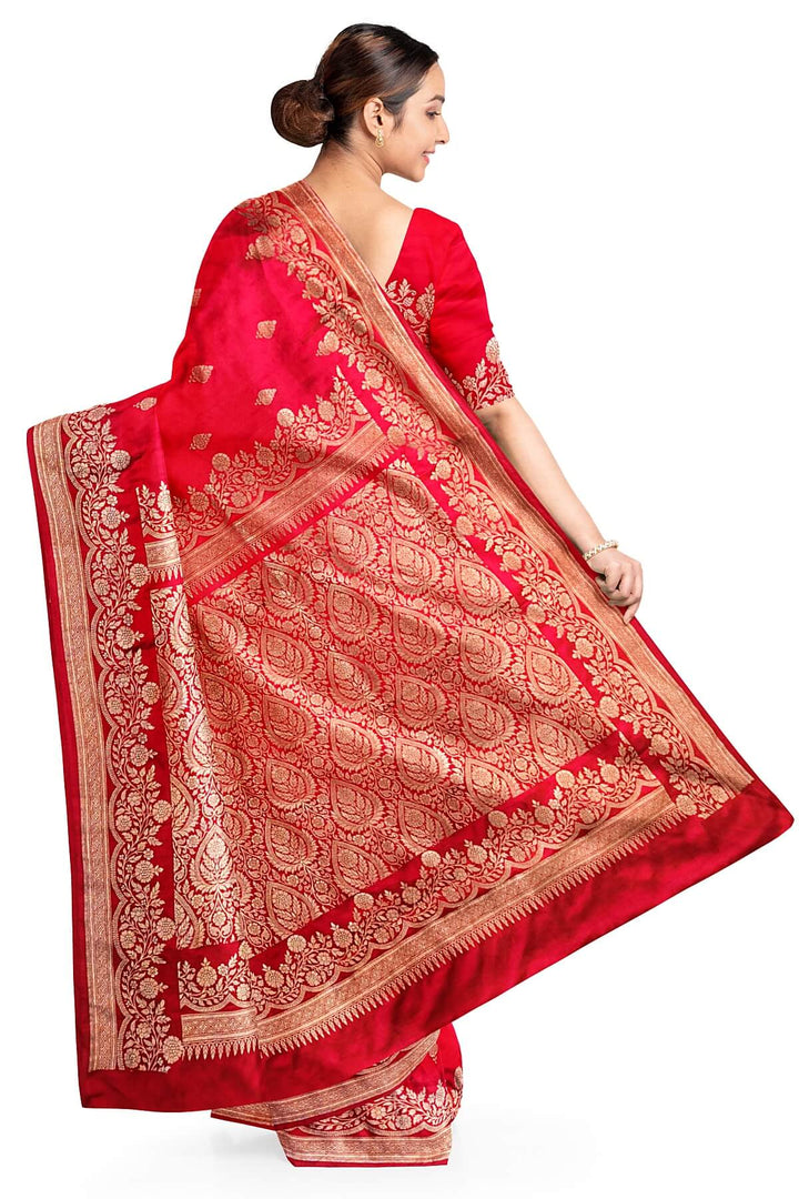 Banarasi mashru silk saree in  red  with floral motifs