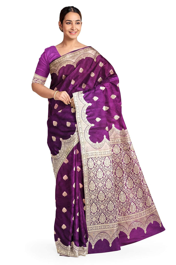 Banarasi mashru silk saree in  purple with floral motifs