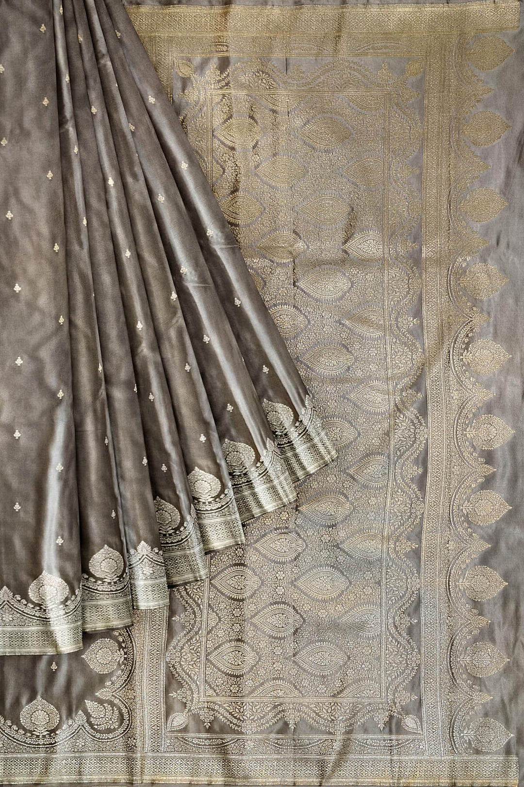 Banarasi mashru silk saree in  grey  with floral motifs