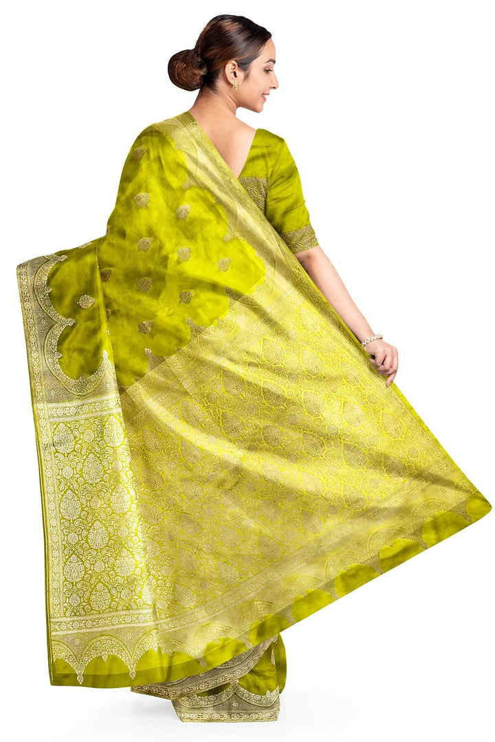 Banarasi mashru silk saree in  radium green  with floral motifs