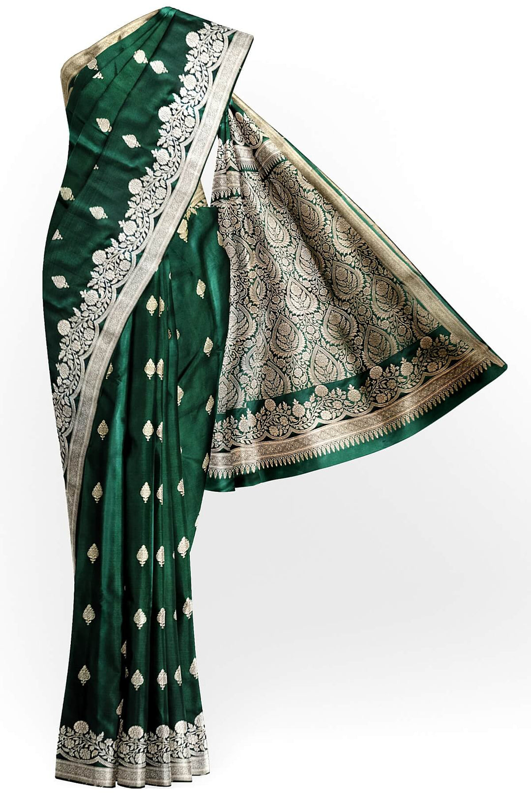 Banarasi mashru silk saree in  bottle  green  with floral motifs