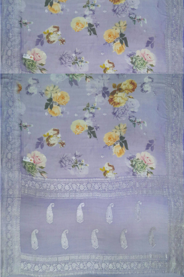 Banarasi printed silk chiffon  saree in lavender with silver buttis & border