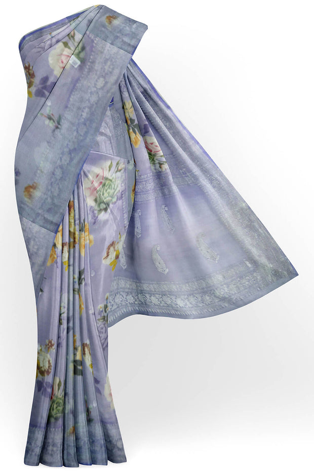 Banarasi printed silk chiffon  saree in lavender with silver buttis & border