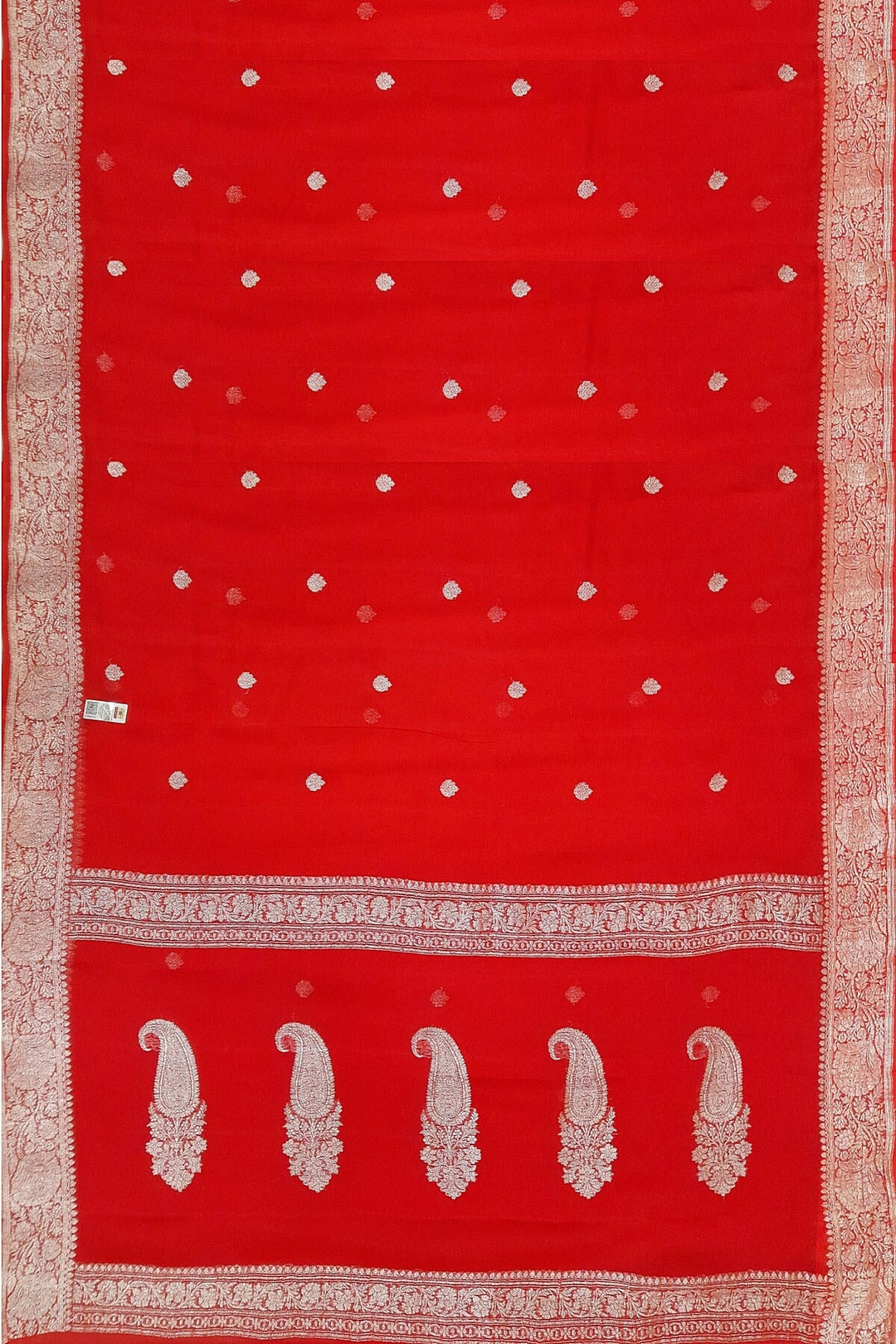 Banarasi silk chiffon  saree in red with silver  buttis &  border