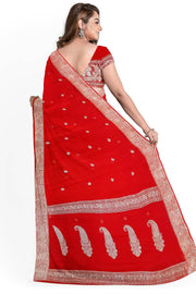 Banarasi silk chiffon  saree in red with silver  buttis &  border