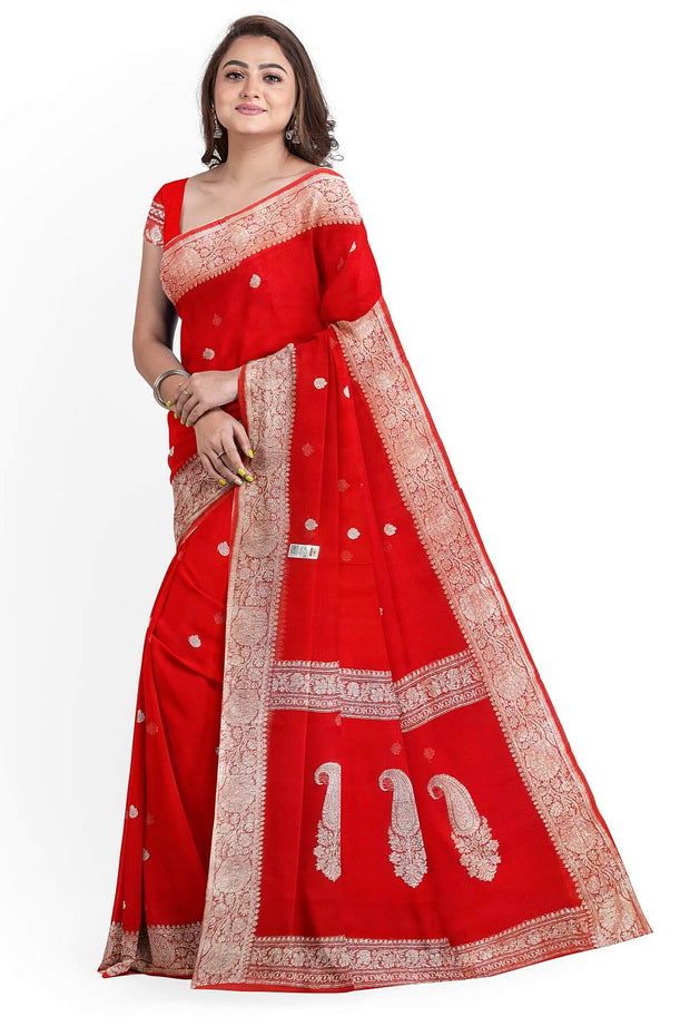 Banarasi silk chiffon  saree in red with silver  buttis &  border