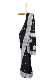 Banarasi silk chiffon  saree in black with silver  buttis &  border