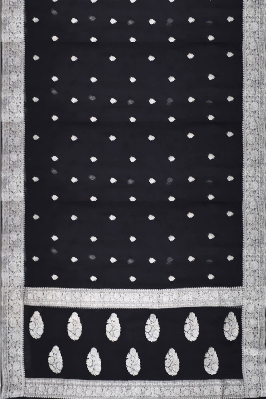 Banarasi silk chiffon  saree in black with silver  buttis &  border