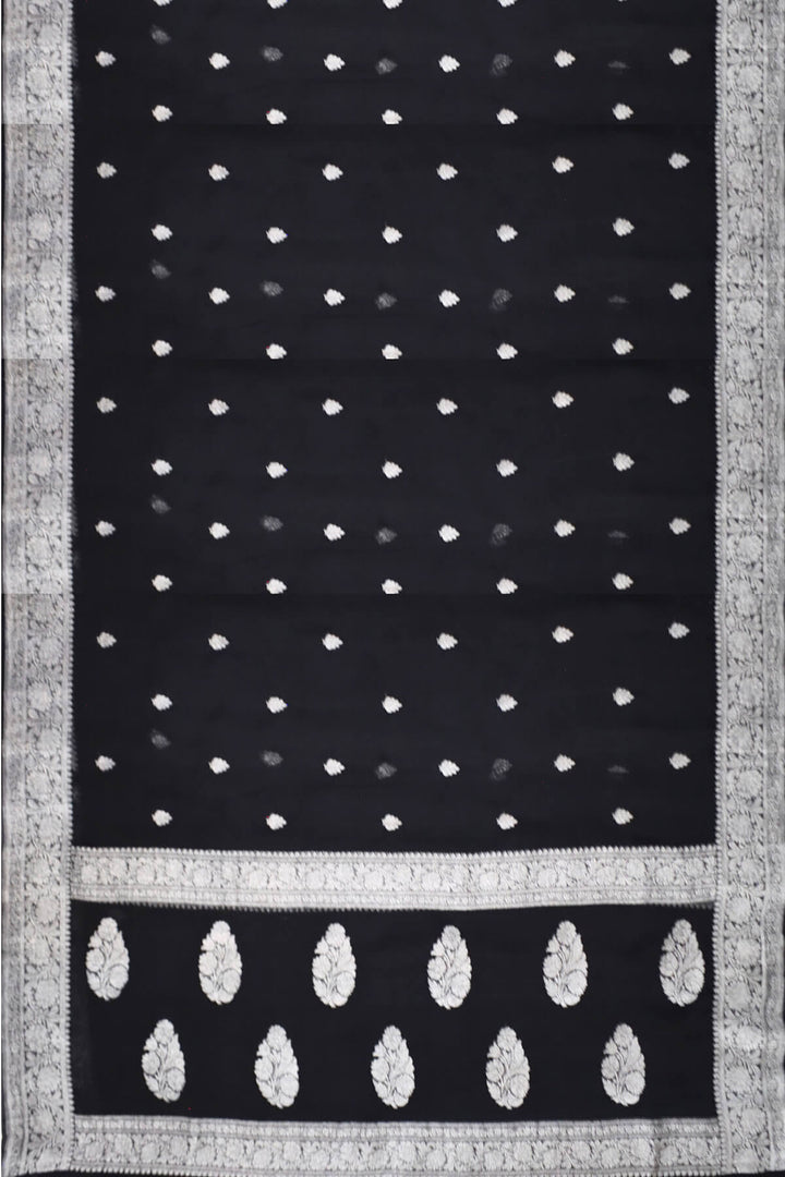 Banarasi silk chiffon  saree in black with silver  buttis &  border