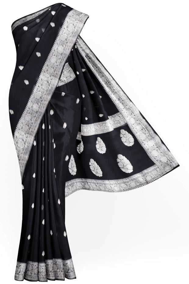 Banarasi silk chiffon  saree in black with silver  buttis &  border