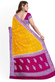 Banarasi silk chiffon  saree in mustard  with silver  buttis &  border