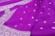 Banarasi silk chiffon  saree in purple  with silver  buttis &  border