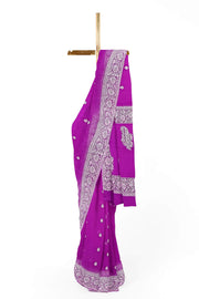 Banarasi silk chiffon  saree in purple  with silver  buttis &  border