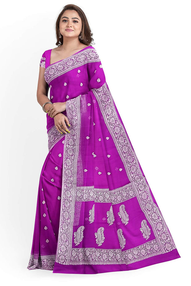 Banarasi silk chiffon  saree in purple  with silver  buttis &  border