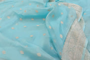 Banarasi silk chiffon  saree in sea blue  with silver  buttis &  border