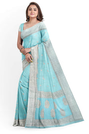 Banarasi silk chiffon  saree in sea blue  with silver  buttis &  border