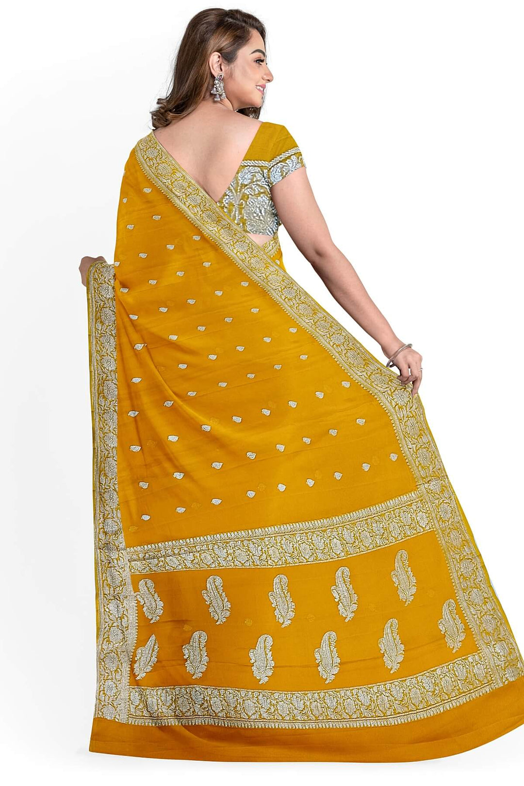 Banarasi silk chiffon  saree in yellow  with silver  buttis &  border