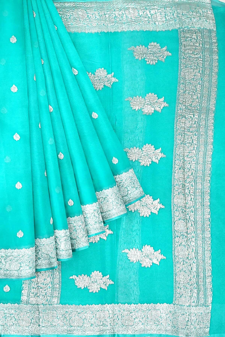 Banarasi silk chiffon saree in pool blue