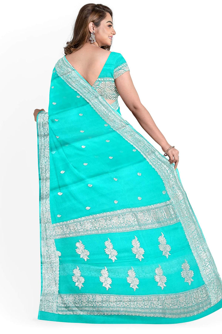 Banarasi silk chiffon saree in pool blue