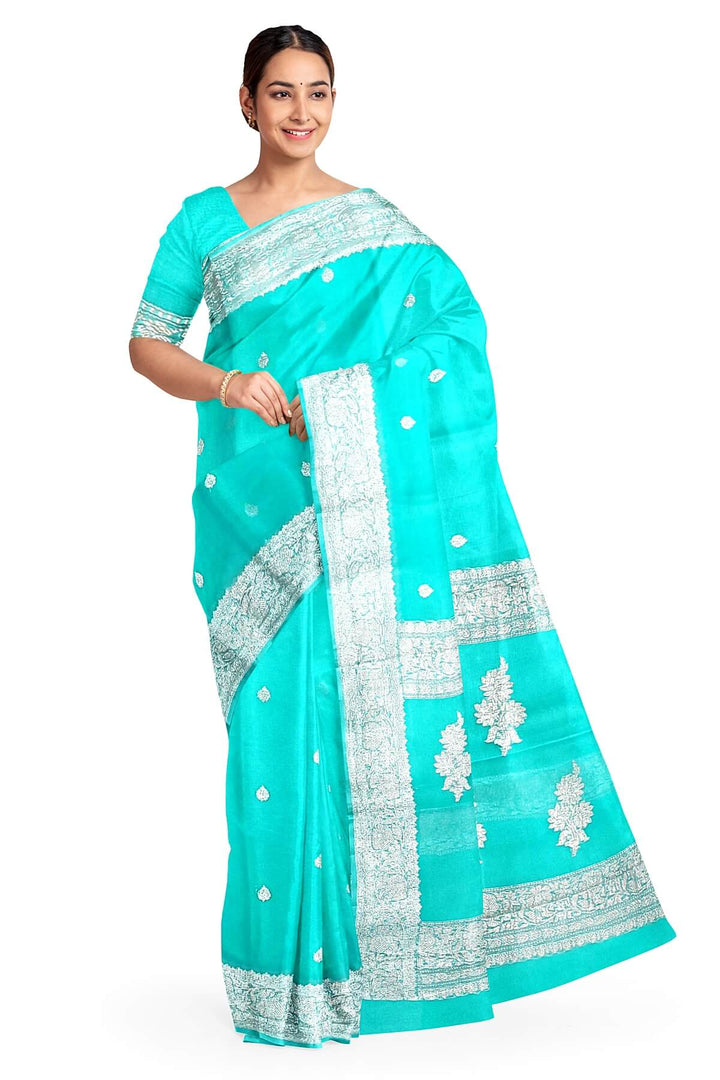 Banarasi silk chiffon saree in pool blue
