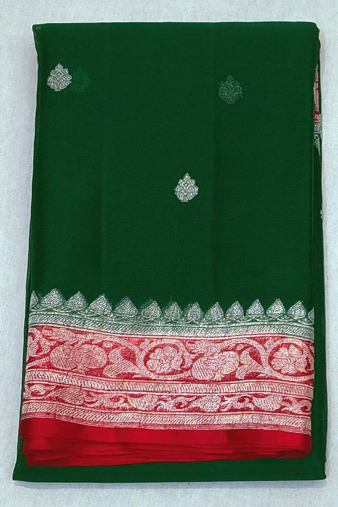 Banarasi silk chiffon saree in bottle green