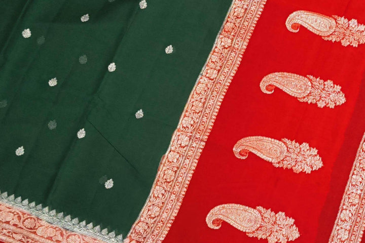 Banarasi silk chiffon saree in bottle green