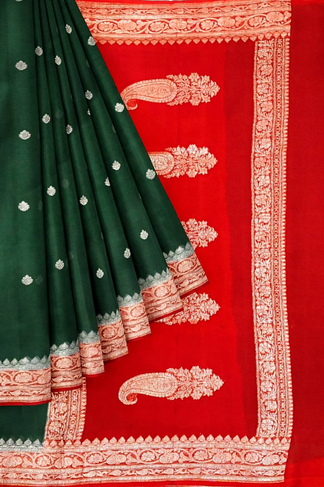 Banarasi silk chiffon saree in bottle green