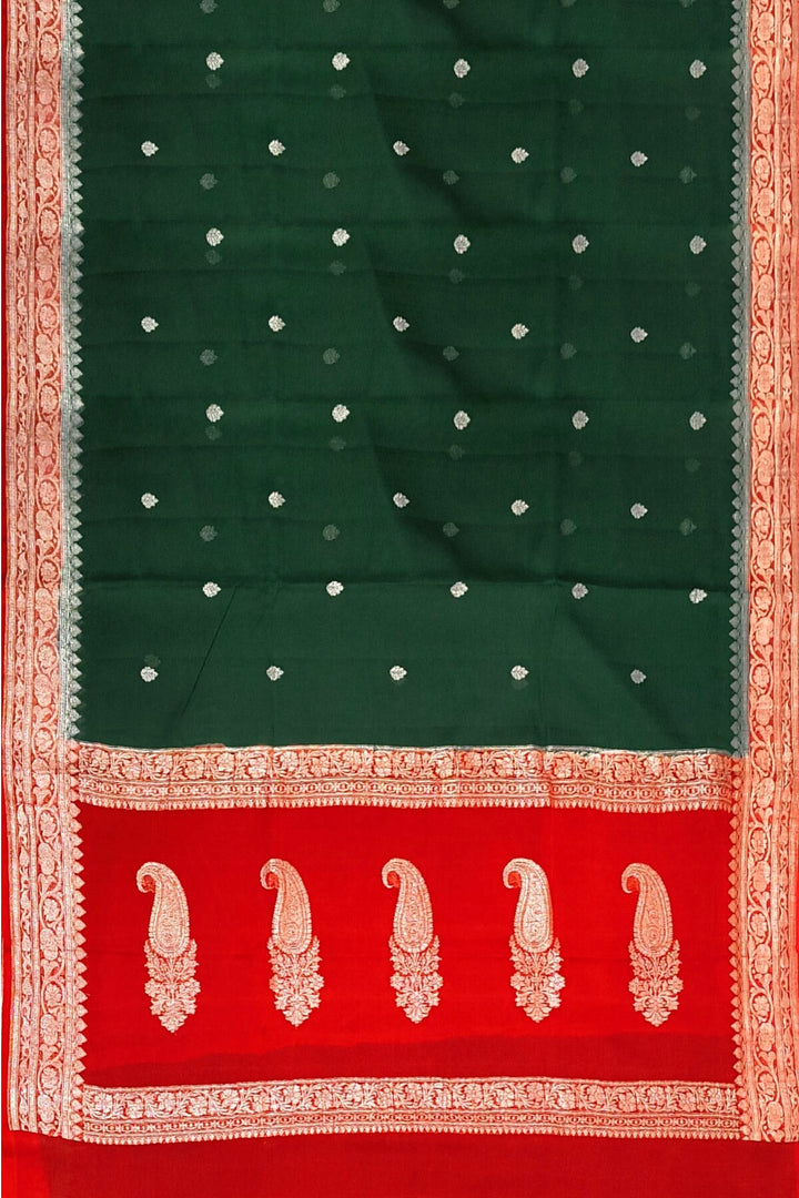 Banarasi silk chiffon saree in bottle green