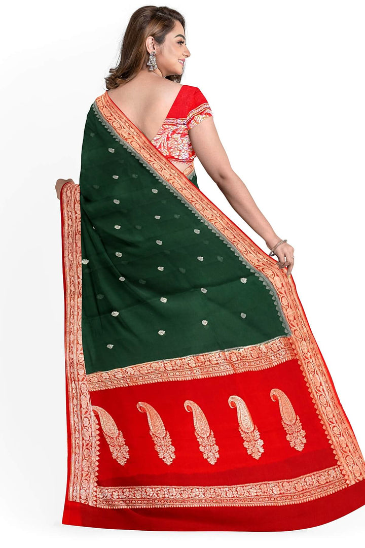 Banarasi silk chiffon saree in bottle green