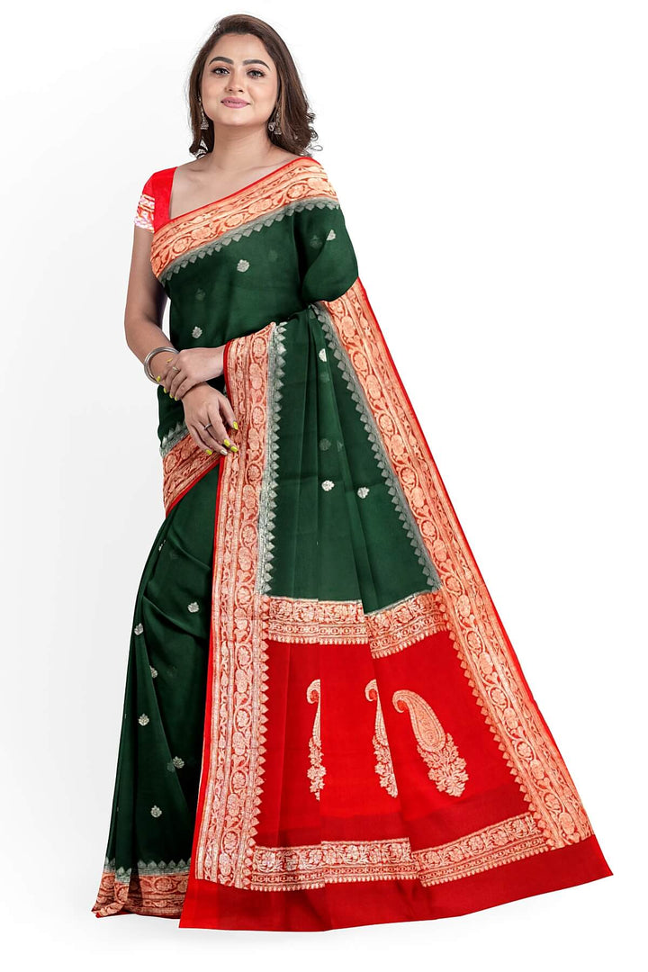 Banarasi silk chiffon saree in bottle green